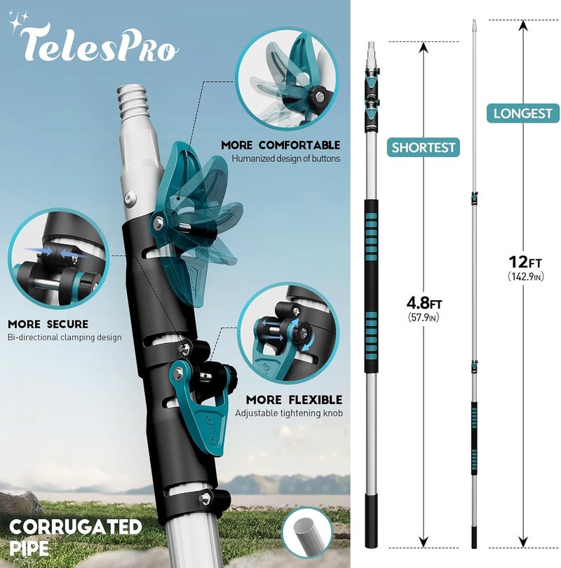TelesPro Extendable Tree Trimmer: Manual Pole Saw | 5-12ft Telescoping Pruning Pole for Tree Trimming | Saw Attachment, Safety Goggles, and Gloves Included | Trim Branches up to 2" Diameter - Image 4